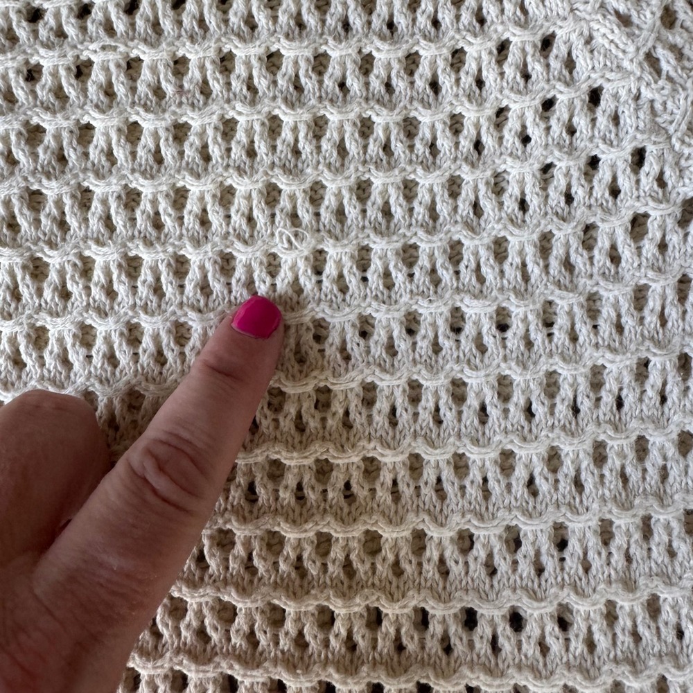 LOFT Women Cream Ivory Open Knit Crochet Sweater 3/4 Sleeve Crew Neck Large Flaw - Picture 3 of 9
